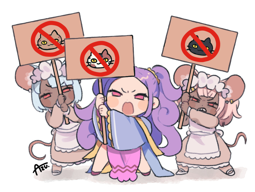 3girls angry animal_ear_piercing animal_ears apron arms_up azu_(kirara310) blue_hair blue_robe blue_rope blunt_bangs blush_stickers cat chibi commentary_request daikokuten_(fate) dark-skinned_female dark_skin dress fate/grand_order fate_(series) furrowed_brow holding holding_sign legs_apart long_hair long_sleeves maid maid_headdress mouse_ears mouse_girl mouse_tail multiple_girls narrowed_eyes no_symbol open_mouth parted_bangs pelvic_curtain pink_dress pink_eyes pink_hair protest purple_hair red_eyes robe rope scowl sign signature simple_background standing tail twintails v-shaped_eyebrows very_long_hair white_apron white_background wide_sleeves wu_zetian_(fate) wu_zetian_(first_ascension)_(fate)