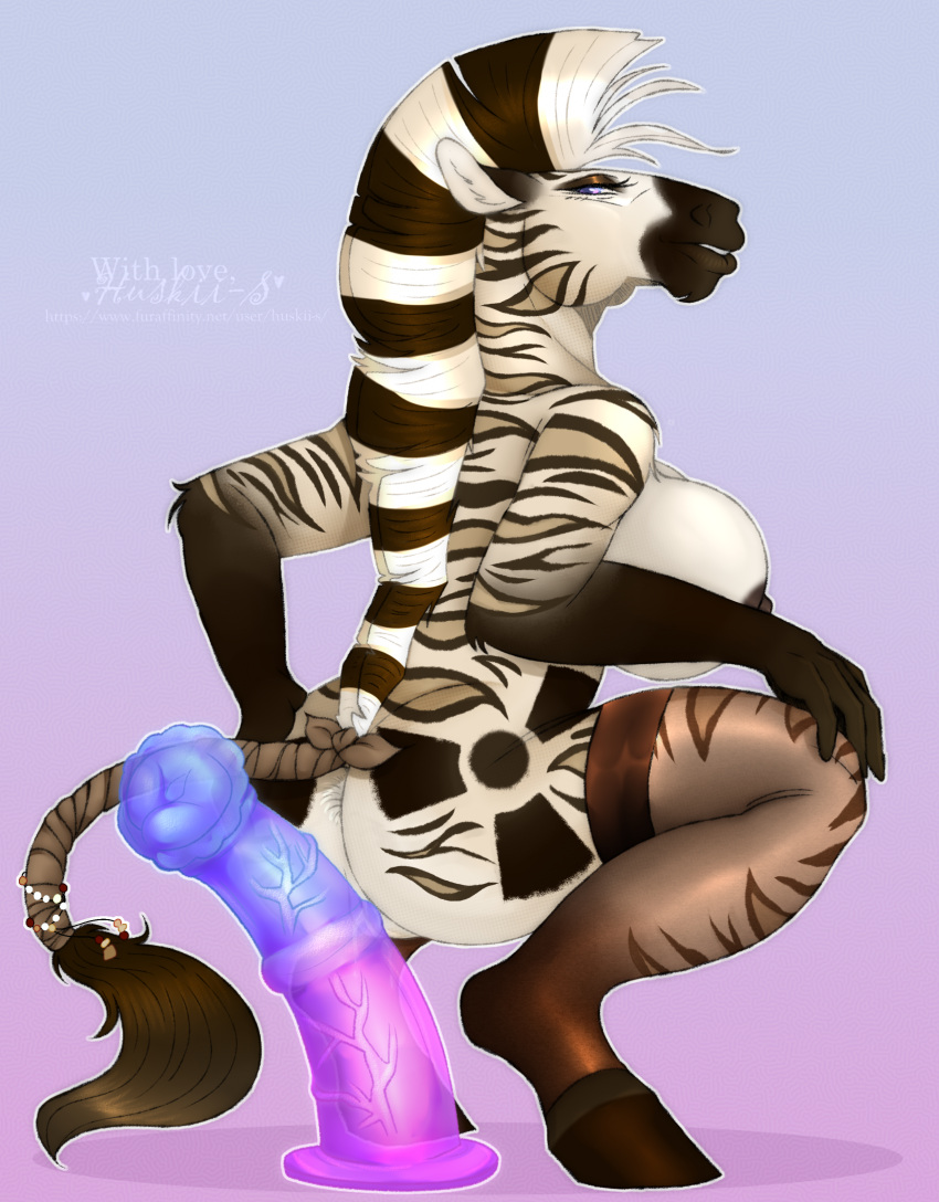 animal_dildo animal_sex_toy anthro anus big_breasts blue_dildo blue_eyes breasts brown_mane clothing crouching dildo equid equine equine_dildo eyelashes female genitals gradient_background hi_res huskii-s lars_(code-shark101) legwear looking_at_viewer mammal mane mostly_nude multicolored_eyes multicolored_mane narrowed_eyes pink_dildo pink_eyes plump_labia pussy sex_toy simple_background solo striped_arms striped_back striped_legs striped_neck two_tone_eyes two_tone_mane white_body white_mane