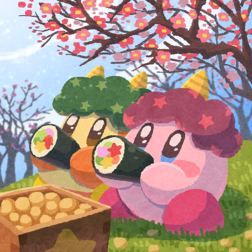 box brown_eyes cloud day eating ehoumaki flower food grass highres horns kirby kirby_(series) makizushi mamemaki miclot oni_horns outdoors pink_flower plum_blossoms setsubun single_horn sparkling_eyes spring_(season) sushi waddle_dee