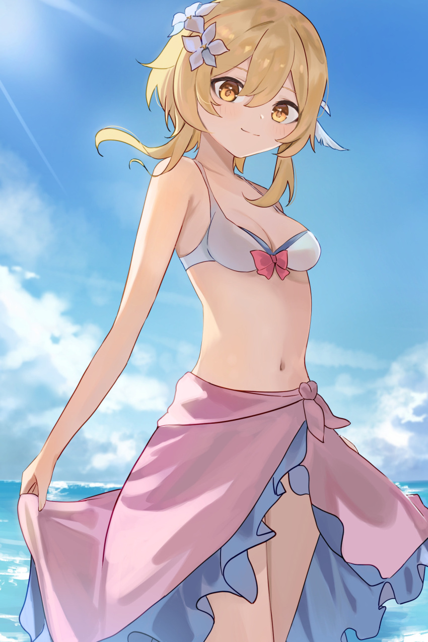 bikini blonde_hair blue_sky blush bow bow_bikini breasts cleavage clothes_lift cloud feather_hair_ornament feathers flower frilled_sarong genshin_impact hair_between_eyes hair_flower hair_ornament highres light_rays light_smile looking_at_viewer lumine_(genshin_impact) medium_breasts midriff navel ocean outdoors pink_sarong ponzu_pon9 sarong sarong_lift short_hair_with_long_locks sidelocks sky stomach sunbeam sunlight swimsuit white_bikini white_flower yellow_eyes