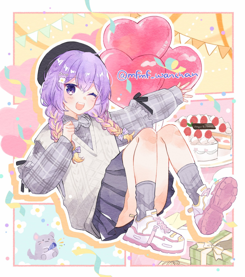 1girl balloon beret black_ribbon blonde_hair braid cake chinchilla_(animal) commentary food frills gift grey_sweater_vest hair_ornament hairclip hanamori_natsumi happy_birthday hat heart_balloon highres holding_party_popper light_blush looking_at_viewer multicolored_hair one_eye_closed open_mouth party_popper plaid purple_eyes purple_hair ribbed_socks ribbon shoes skirt smile sneakers socks solo strawberry_shortcake sweater_vest teeth twin_braids twitter_username upper_teeth_only wanmofu