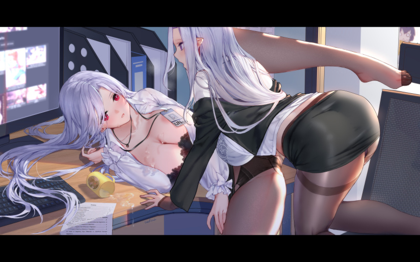 1other 2girls ass black_bra black_panties black_pantyhose black_skirt bra breasts cleavage closers commentary_request cup desk highres jewelry keyboard_(computer) large_breasts levia_(closers) long_hair long_sleeves looking_at_another mirae_(closers) monitor multiple_girls necklace open_mouth panties pantyhose parted_lips pointy_ears purple_eyes red_eyes shirt skirt spill swd3e2 thighband_pantyhose thighs underwear water white_hair white_shirt yuri