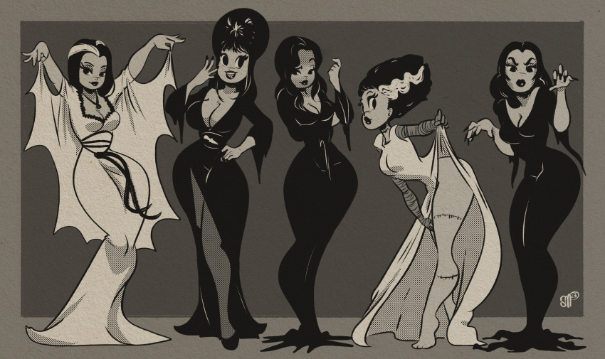 1950s_(style) 1girl alternate_costume bandages black_eyes black_hair breasts cape character_request fingernails hand_on_own_hip highres large_breasts lipstick makeup monochrome morticia_addams original sgtmadness sharp_fingernails stitches tagme vampira vampire zombie