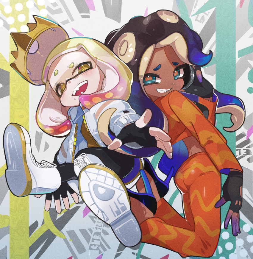 2girls black_gloves black_hair black_leggings blue_eyes blue_hair boots cephalopod_eyes crop_top cross-laced_footwear dark-skinned_female dark_skin fingerless_gloves gloves gradient_hair grin highres jacket lace-up_boots leggings long_hair long_skirt looking_at_viewer marina_(splatoon) mole mole_under_mouth multicolored_hair multiple_girls orange_jacket orange_pants pants pearl_(splatoon) skirt smile smirk smug splatoon_(series) splatoon_3 suction_cups tatedano_kabae tentacle_hair thick_eyebrows unzipped white_footwear white_jacket zipper