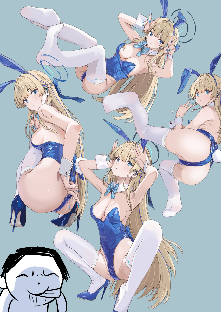1girl absurdres animal_ears armpits arona's_sensei_doodle_(blue_archive) ass auguste blonde_hair blue_archive blue_eyes blue_leotard bow bowtie breasts commentary_request detached_collar fake_animal_ears halo highleg highleg_leotard highres leotard long_hair looking_at_viewer medium_breasts multiple_pov official_alternate_costume pantyhose playboy_bunny pov presenting_ass rabbit_ears sensei_(blue_archive) solo squatting thighhighs toki_(blue_archive) toki_(bunny)_(blue_archive) very_long_hair white_pantyhose white_thighhighs wrist_cuffs