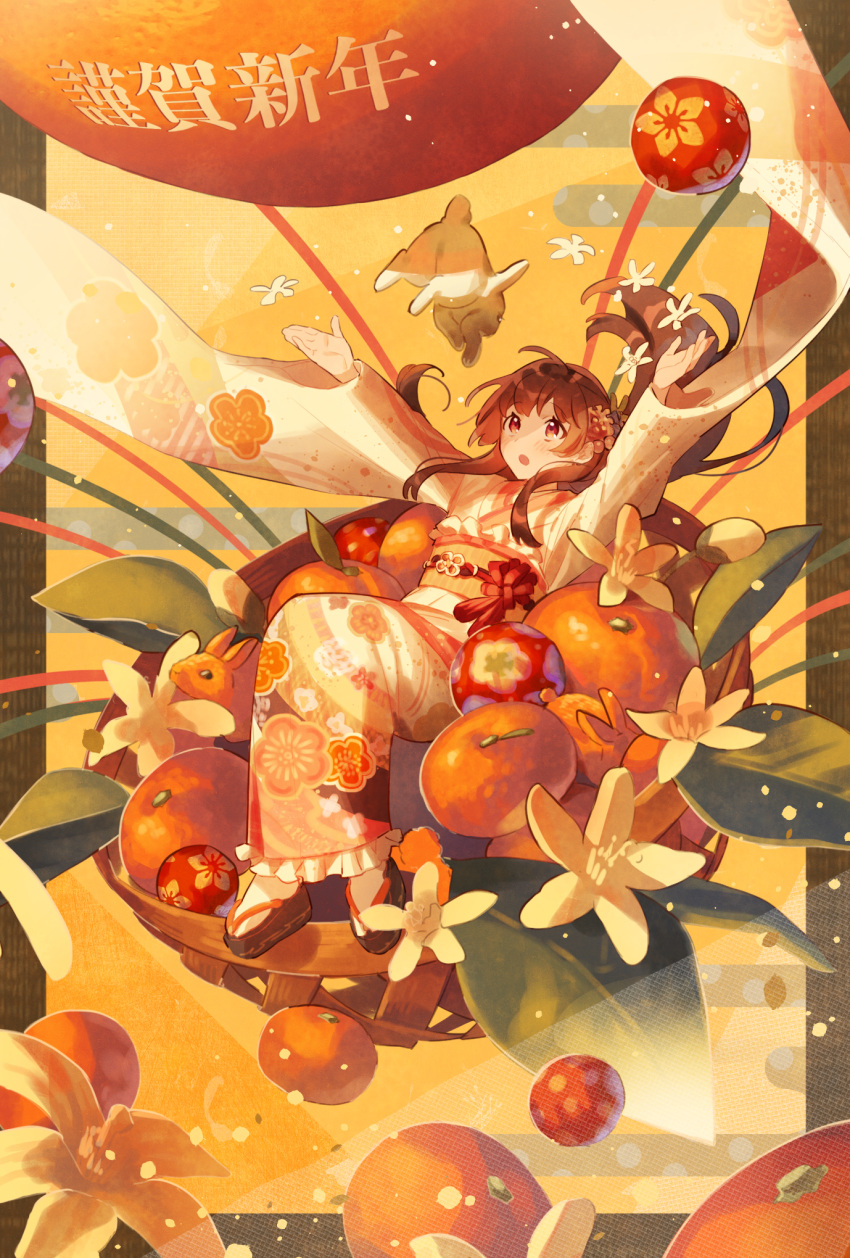 1girl animal arms_up brown_eyes brown_hair flower food frilled_kimono frills fruit full_body furisode geta hair_flower hair_ornament highres in_basket japanese_clothes kimono long_hair long_sleeves looking_up mandarin_orange mkt_ocha new_year open_mouth orange_blossoms original oversized_food rabbit solo tabi translation_request very_long_sleeves wide_sleeves