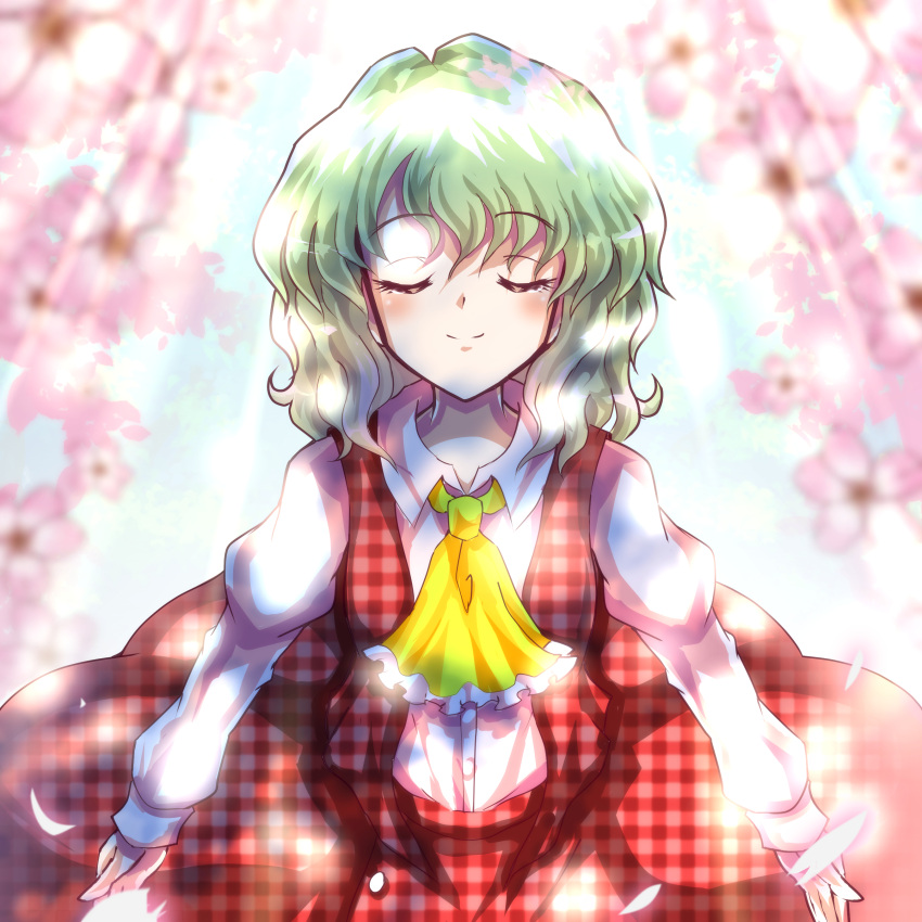1girl absurdres alphes_(style) ascot closed_eyes closed_mouth commentary_request facing_viewer green_hair highres kazakome kazami_yuuka light_rays long_sleeves outdoors parody plaid plaid_skirt plaid_vest red_skirt red_vest shirt short_hair skirt smile solo style_parody touhou vest white_shirt yellow_ascot