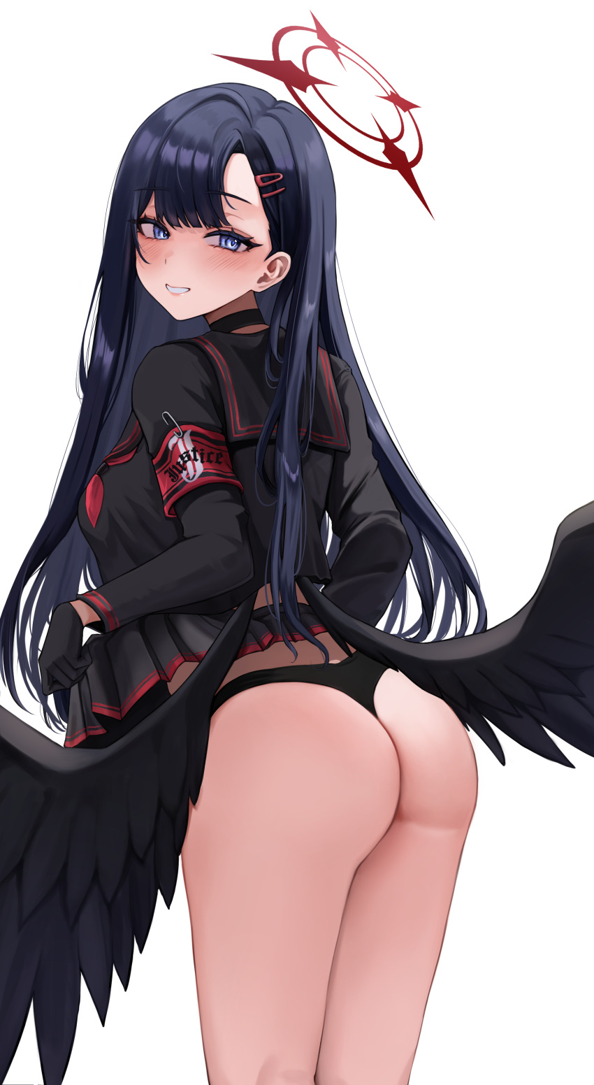 1girl absurdres armband ass black_choker black_gloves black_hair black_panties black_sailor_collar black_serafuku black_wings blue_archive blue_eyes blush choker clothes_lift commentary_request fankey feathered_wings from_behind gloves grin hair_ornament hairclip halo highres ichika_(blue_archive) korean_commentary lifted_by_self long_hair long_sleeves looking_at_viewer looking_back low_wings neckerchief panties pleated_skirt red_armband red_halo red_neckerchief safety_pin sailor_collar school_uniform serafuku simple_background skirt skirt_lift smile solo thong underwear white_background wings