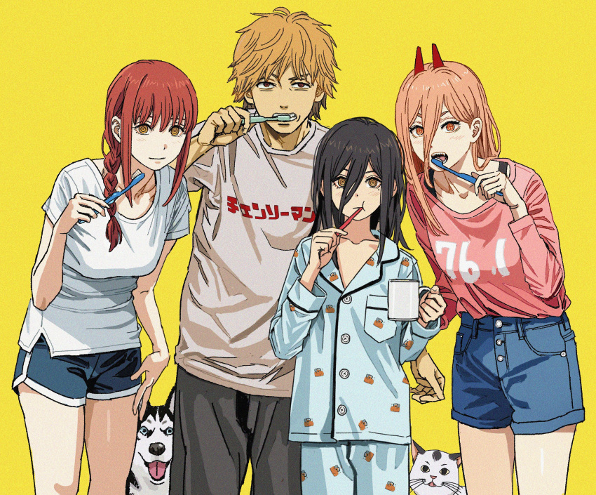 1boy 3girls absurdres alternate_costume black_footwear black_hair blonde_hair blush braid braided_ponytail breasts brushing_teeth chainsaw_man collarbone commentary cross-shaped_pupils cup demon_horns denim denim_shorts denji_(chainsaw_man) dog dolphin_shorts english_commentary hair_between_eyes highres holding holding_cup holding_toothbrush horns long_bangs looking_at_viewer makima_(chainsaw_man) medium_breasts mole mole_under_eye multiple_girls nayuta_(chainsaw_man) orange_hair pajamas pink_shirt power_(chainsaw_man) print_pajamas ringed_eyes shiren_(ourboy83) shirt shorts simple_background symbol-shaped_pupils time_paradox toothbrush white_shirt yellow_background yellow_eyes