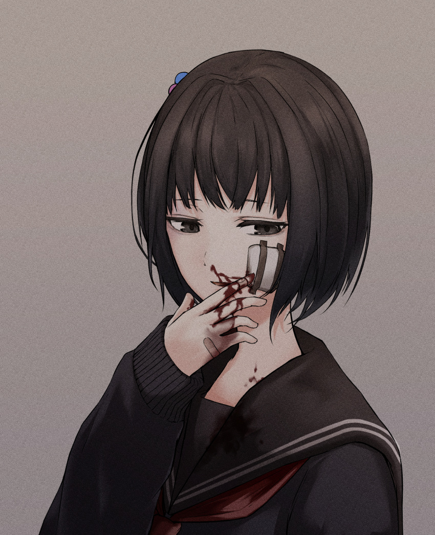 1girl amemori_sayo bandage_on_face bandages bandaid bandaid_on_hand black_hair black_serafuku blood blood_on_hands bob_cut bruise commentary_request film_grain gauze grey_background hair_bobbles hair_ornament half-closed_eyes hand_up highres injury kushinaka light_smile long_sleeves looking_down looking_to_the_side neckerchief nijisanji nosebleed open_mouth portrait red_neckerchief sad_smile school_uniform serafuku short_hair simple_background solo virtual_youtuber