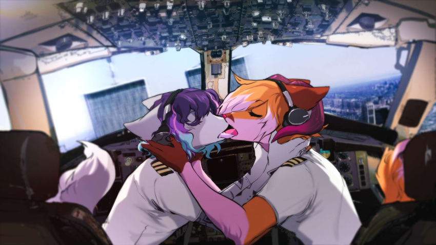 9/11 anthro clothed clothing duo eyes_closed french_kissing hair hi_res kissing pilot tail unknown_artist