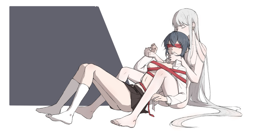 2girls absurdres asahina_yuni barefoot black_skirt blindfold blue_hair breast_poke breasts cheating_(relationship) chinese_commentary closed_eyes collared_shirt commentary_request completely_nude dress_shirt earrings full_body grey_hair haoxiangkan_nutong highres jewelry kneehighs kyou_wa_kanojo_ga_inai_kara long_hair long_sleeves medium_breasts medium_hair miniskirt multiple_girls navel no_shoes nude open_clothes open_shirt parted_lips pleated_skirt poking red_ribbon ribbon school_uniform shirt sidelocks sitting skirt socks stomach stud_earrings taki_fuuko very_long_hair white_background white_shirt white_socks yuri