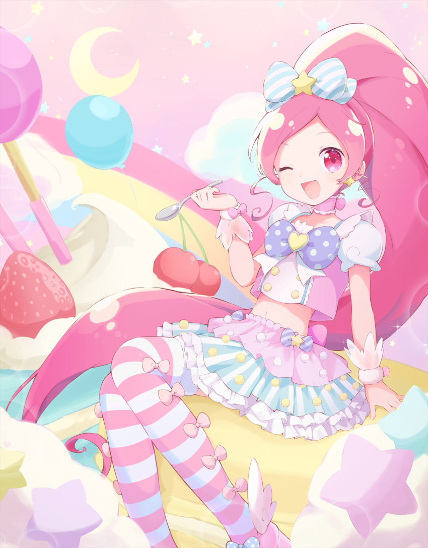 1girl ;d aizawa_zawapo balloon blue_skirt blush bow bowtie brooch buttons cherry choker commentary_request crescent crop_top cure_blossom double-breasted earrings feet_out_of_frame food frilled_skirt frills fruit hair_bow hanasaki_tsubomi hand_up heart heart_brooch heartcatch_precure! high_ponytail highres holding holding_spoon jewelry layered_skirt long_hair looking_at_viewer macaron midriff navel one_eye_closed open_mouth oversized_food parted_bangs pink_background pink_bow pink_choker pink_eyes pink_hair pink_shirt pink_skirt pink_thighhighs pleated_skirt polka_dot polka_dot_bow polka_dot_bowtie ponytail precure puffy_short_sleeves puffy_sleeves purple_bow purple_bowtie shirt short_sleeves sidelocks sitting skirt smile solo sparkle spoon star_(symbol) star_earrings stomach strawberry striped striped_bow striped_thighhighs thighhighs very_long_hair whipped_cream wrist_cuffs