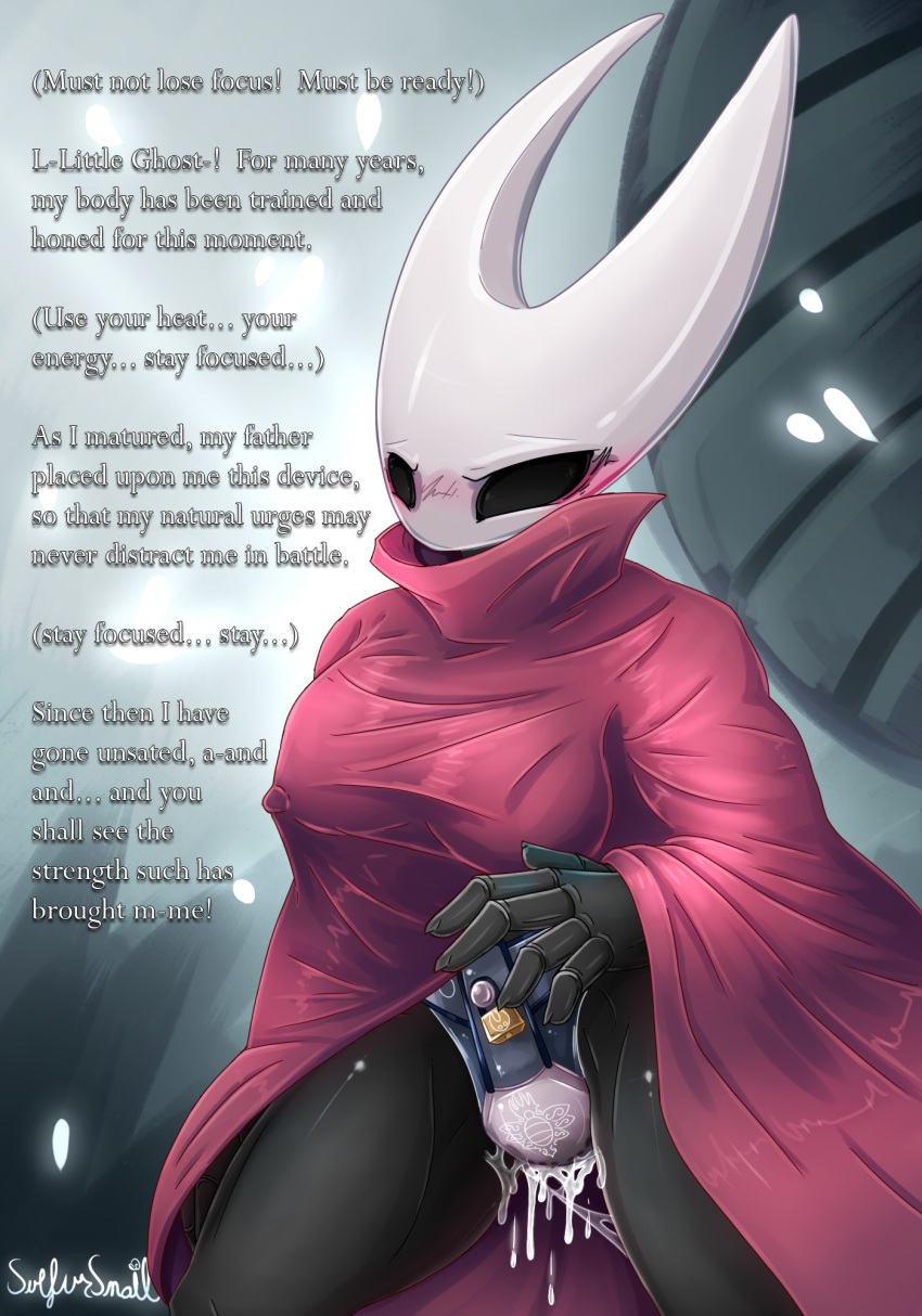 animal_humanoid anthro arachnid arachnid_humanoid aroused arthropod arthropod_humanoid big_breasts black_body blush bodily_fluids breasts chastity_belt chastity_device cloak clothed clothing desperation digital_media_(artwork) english_description english_text female genital_fluids hi_res hollow_knight horn hornet_(hollow_knight) humanoid insect insect_humanoid orgasm_denial solo spider_humanoid sulfur_snail_(artist) team_cherry text thick_thighs video_games