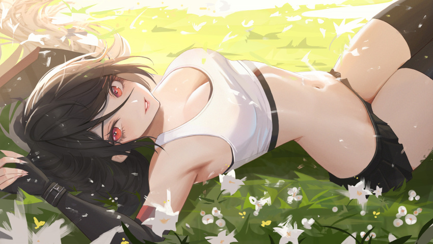 1girl armpits arms_up bare_shoulders black_gloves black_hair black_skirt black_sports_bra black_thighhighs breasts cleavage commentary cowboy_shot crop_top elbow_gloves eyelashes final_fantasy final_fantasy_vii final_fantasy_vii_remake fingerless_gloves flower gloves grass hair_between_eyes highres knees_up large_breasts light_blush lips long_hair looking_at_viewer looking_to_the_side lying midriff navel neorarty on_back outdoors parted_lips pink_lips pink_nails red_eyes skirt solo sports_bra sunlight tank_top thighhighs tifa_lockhart white_flower white_tank_top