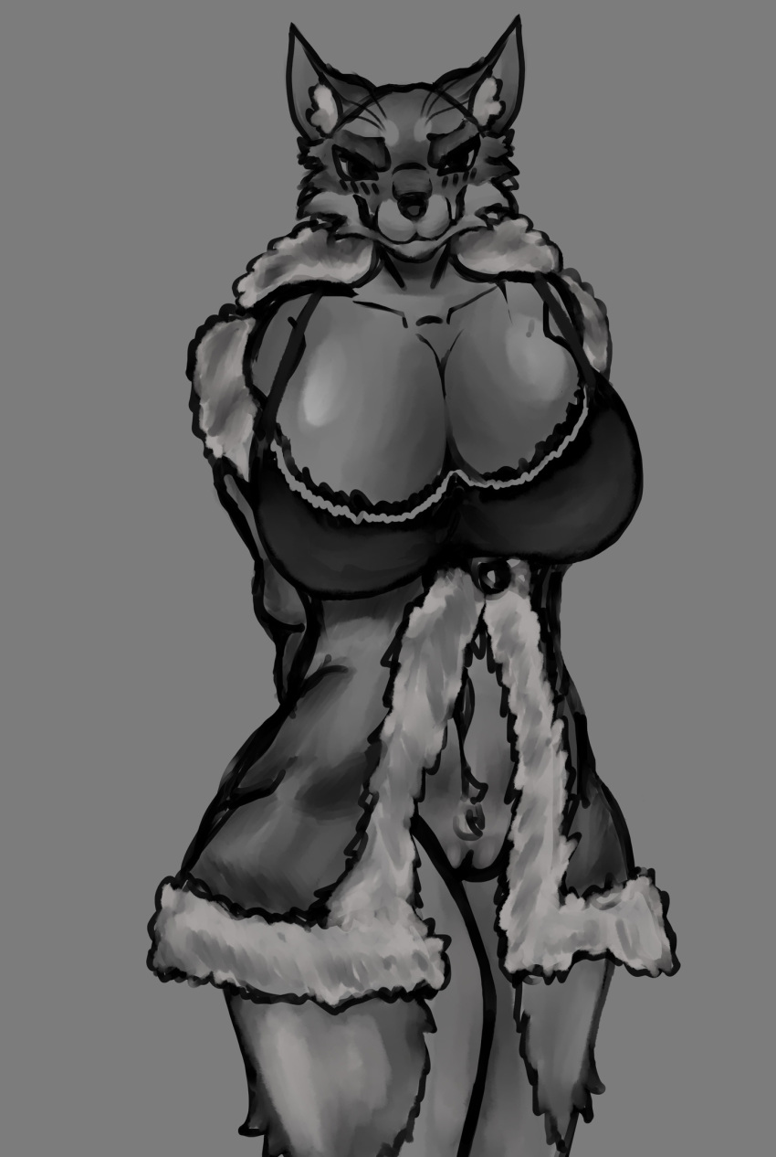 alice_the_vixen anthro big_breasts body_hair breasts canid canine canis clothing coat female fox fsdog genitals hi_res huge_breasts looking_at_viewer mammal monochrome pubes pussy sketch solo solo_focus standing topwear trenchcoat