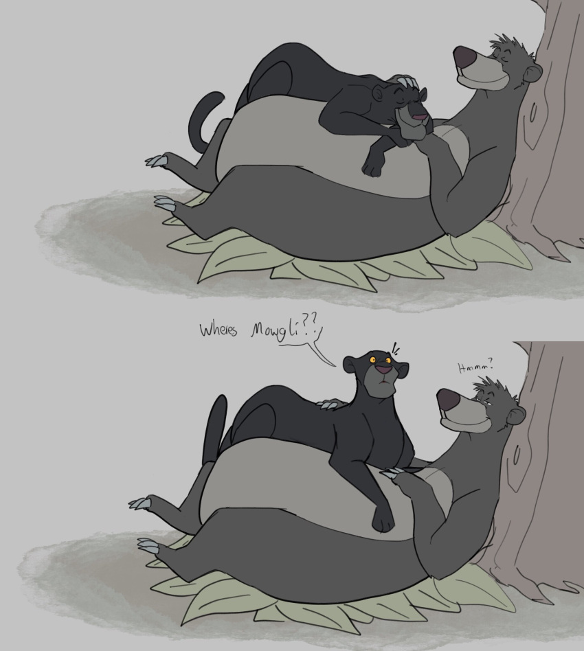 bagheera_(jungle_book) baloo bear black_body black_eyebrows black_eyes black_fur black_nose black_pupils claws comic detailed_background dialogue disney duo english_text eyebrows eyes_closed felid feral forest fur grey_body grey_fur half-closed_eyes hand_behind_head happy hi_res interspecies interspecies_relationship jungle leaf leaning leaning_back leaning_on_object leopard looking_at_another looking_at_partner lounging lying lying_on_another male male/male mammal melanistic nails nap napping narrowed_eyes on_back on_model on_top on_top_of outside pantherine pdqsketch petting pink_nose plant pupils question_mark relaxing sharp_claws sharp_nails sharp_toenails sleeping sloth_bear smile text the_jungle_book thick_eyebrows toenails tree ursine yellow_sclera