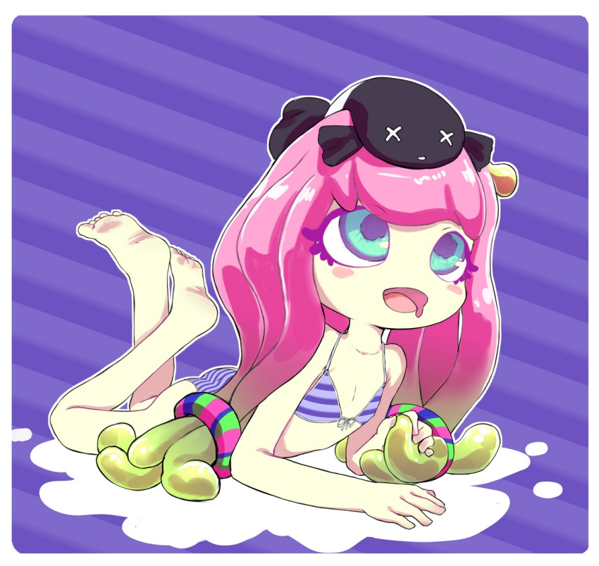 1girl ass barefoot bikini blue_bikini blue_eyes breasts clownfish drooling feet fish gradient_hair green_hair harmony's_clownfish_(splatoon) harmony_(splatoon) legs_up long_hair lying multicolored_hair on_stomach open_mouth pink_hair small_breasts smile soles solo splatoon_(series) striped striped_bikini swimsuit tentacle_hair tentacles the_pose thighs toes two-tone_hair vylizary