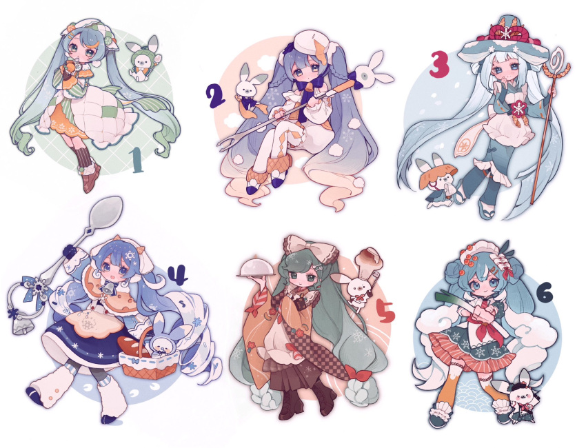 6+girls aiming_at_viewer animal ankle_cuffs apron aqua_kimono argyle argyle_pantyhose argyle_sleeves arm_up baguette basket bell black_socks blue_bow blue_bowtie blue_capelet blue_eyes blue_hair blue_hood blue_mittens blue_skirt blunt_bangs boots borrowed_design bow bowtie braid bread brown_footwear brown_kimono butter capelet checkered_clothes checkered_kimono cheese cheese_wheel chef_hat commentary cross-laced_footwear dot_mouth double_bun dress fake_horns fondue food food-themed_hair_ornament food_on_face foreshortening fork fork_hair_ornament frilled_apron frills full_body fur-trimmed_capelet fur_trim gradient_hair green_hair green_hood green_ribbon green_skirt hair_bow hair_bun hair_ornament hairclip hat hatsune_miku highres holding holding_basket holding_food holding_ice_cream holding_ladle holding_spoon holding_spring_onion holding_staff holding_tray holding_vegetable hood hood_up hoop_skirt horns ice_cream_cone ichimegasa ikura_(food) in_basket jacket japanese_clothes kappougi kimono kneehighs lace-up_boots ladle large_hat light_blue_hair long_hair melon_ball melting multicolored_hair multiple_girls multiple_persona neck_bell necktie nori_(seaweed) numbered obi onigiri open_mouth orange_capelet orange_hair orange_skirt orange_thighhighs outstretched_arm oversized_object pantyhose picnic_basket pom_pom_(clothes) puffy_sleeves quilted_clothes rabbit rabbit_yukine red_bow red_ribbon ribbon rice rice_(plant) rice_on_face sandals sandogasa sash scallop serving_dome shiro_(a923808254) skirt smile snowflake_ornament snowflake_print socks spoon spoon_hair_ornament spring_onion staff streaked_hair striped striped_skirt striped_sleeves striped_socks swiss_cheese thighhighs tray twintails vegetable vertical-striped_socks vertical_stripes very_long_hair vocaloid waffle_cone wavy_hair white_apron white_background white_bow white_dress white_headwear white_jacket white_pantyhose white_ribbon wide_sleeves yellow_capelet yuki_miku yuki_miku_(2024)