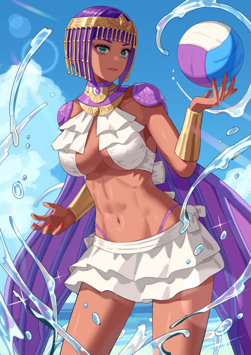 1girl abs beach dark-skinned_female dark_skin green_eyes highres looking_at_viewer menat ocean official_alternate_costume purple_hair street_fighter street_fighter_v volleyball yagi2013