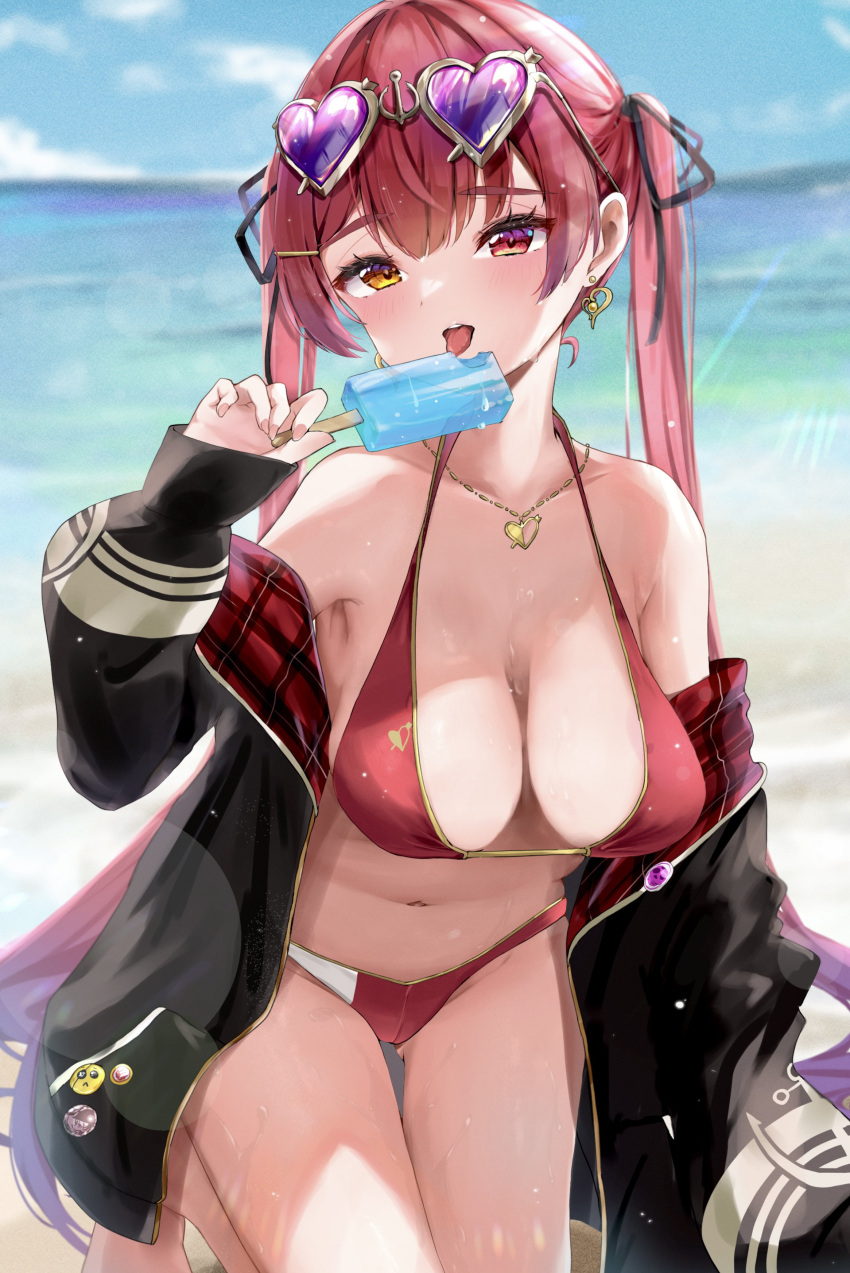 1girl absurdres bare_shoulders beach bikini bikini_under_clothes black_jacket black_ribbon blush breasts cleavage collarbone day earrings eyewear_on_head food hair_between_eyes hair_ribbon halterneck heart heart-shaped_eyewear heart_earrings heart_necklace heterochromia highres holding holding_food hololive hood hooded_jacket houshou_marine houshou_marine_(4th_costume) jacket jewelry large_breasts long_hair looking_at_viewer navel necklace official_alternate_costume open_clothes open_jacket outdoors popsicle red_bikini red_eyes red_hair ribbon solo string_bikini swimsuit thighs tongue tongue_out twintails virtual_youtuber yellow_eyes yoshinon_(yoshinon_kotori)