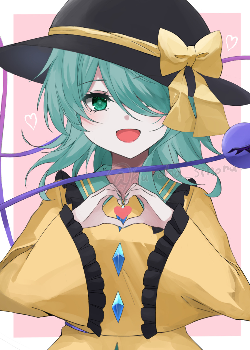 1girl black_headwear buttons diamond_button frilled_shirt_collar frilled_sleeves frills green_hair green_skirt hat hat_ribbon heart heart_of_string highres komeiji_koishi kuro_wa_shinoru ribbon shirt skirt third_eye touhou wide_sleeves yellow_ribbon yellow_shirt