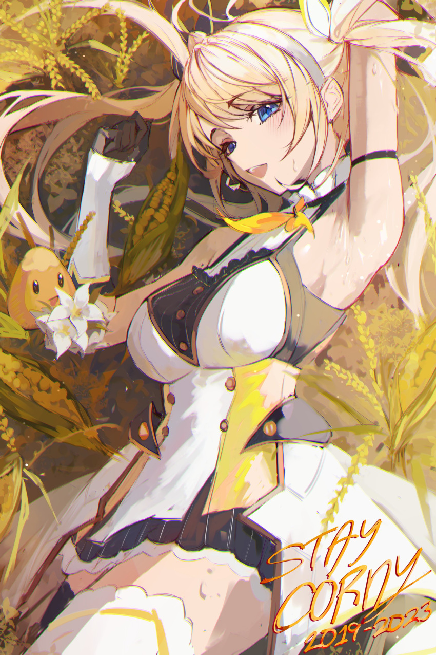 1girl absurdres arm_up armpits black_gloves blonde_hair blue_eyes dress flower gloves highres long_hair lying naokomama nijisanji on_side open_mouth smile solo teeth thighhighs twintails upper_teeth_only virtual_youtuber wheat white_dress white_flower white_thighhighs zea_cornelia