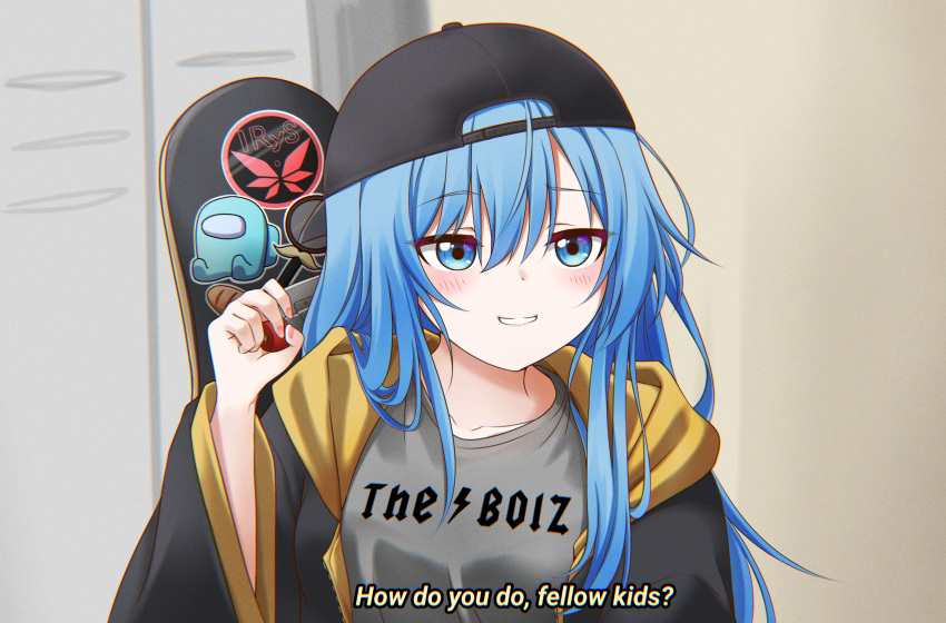 1girl absurdres among_us backwards_hat baseball_cap black_jacket blue_(among_us) blue_eyes blue_hair blush breasts clothes_writing elie_wayne grey_shirt hair_between_eyes hat highres holding holding_skateboard hololive hood how_do_you_do_fellow_kids_(meme) jacket jan_azure large_breasts long_hair long_sleeves meme original pink_nails shirt skateboard smile solo upper_body