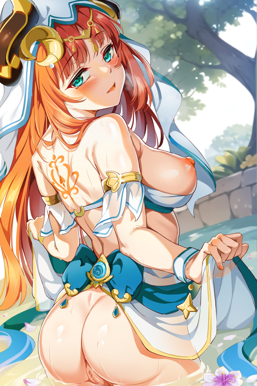 1girl absurdres armlet ass back back_tattoo blue_skirt blush breasts breasts_out censored fake_horns flower_tattoo genshin_impact green_eyes hair_ornament harem_outfit highres horns large_breasts long_hair looking_at_viewer looking_back miazi nilou_(genshin_impact) nipples parted_lips pussy red_hair sash sidelocks skirt solo tattoo tree veil vision_(genshin_impact) wading water wet wrist_cuffs