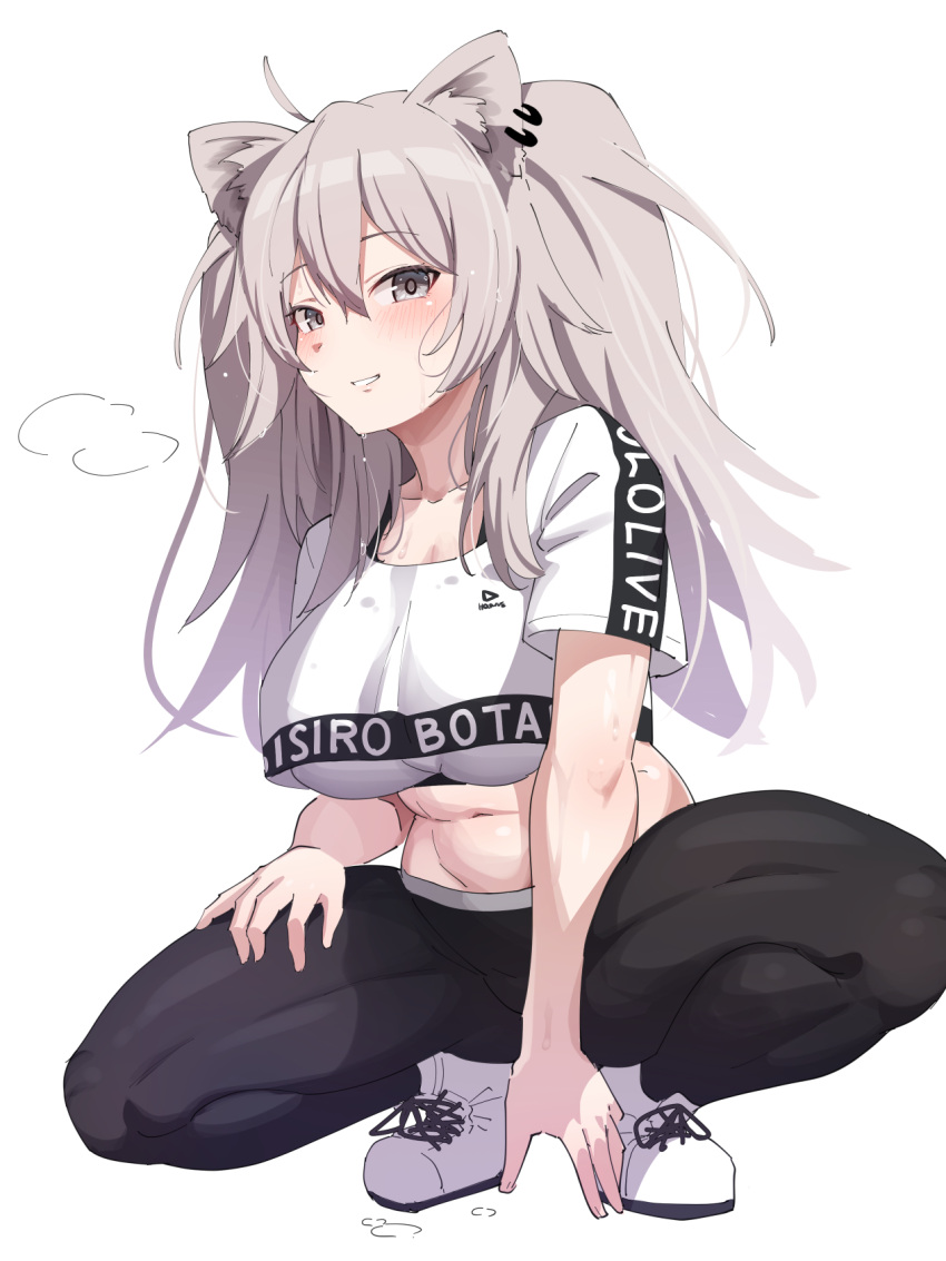 1girl animal_ears ayagi_daifuku breasts cleavage collarbone commentary_request crop_top crop_top_overhang full_body grey_eyes grey_hair hair_between_eyes highres hololive large_breasts lion_ears lion_girl lion_tail long_hair looking_at_viewer midriff navel official_alternate_costume shishiro_botan shoes short_sleeves smile sneakers solo sports_bra squatting tail twintails virtual_youtuber white_footwear