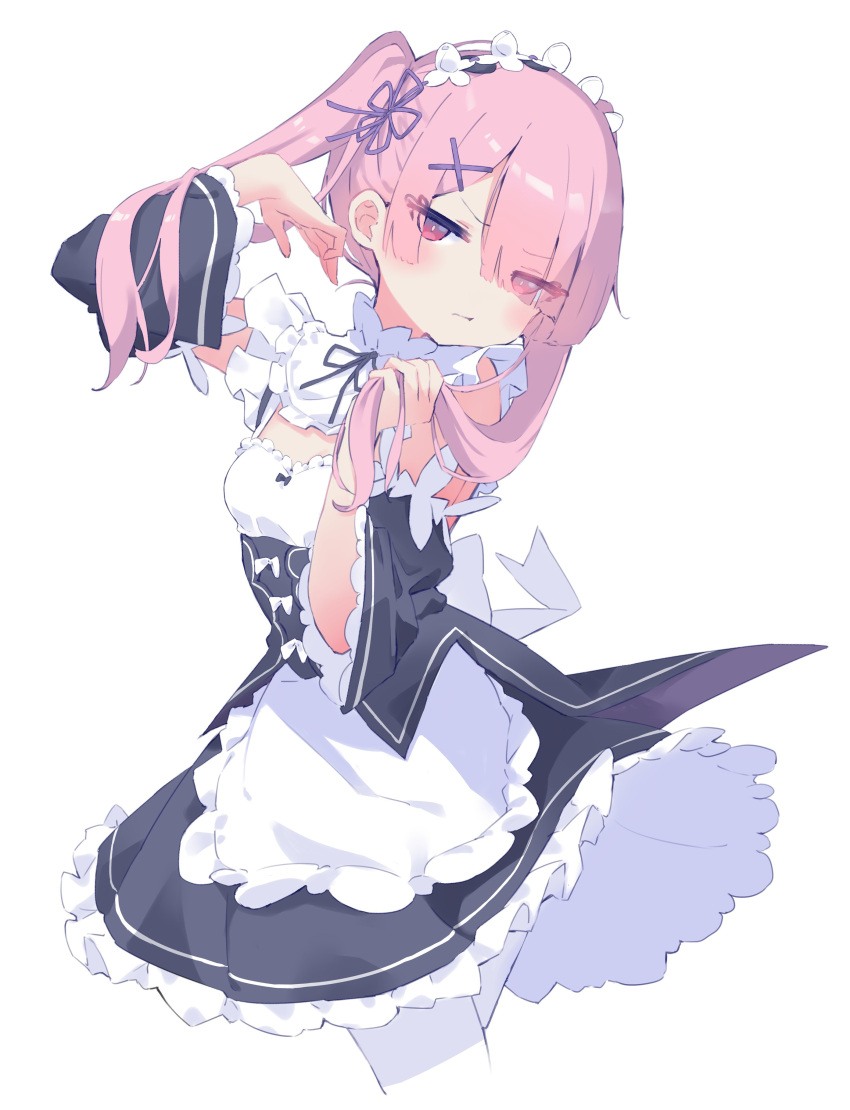 absurdres blush detached_sleeves embarrassed eyes_visible_through_hair frilled_sleeves frills hair_ornament hair_over_one_eye hair_ribbon hand_in_own_hair highres koushin_ryo maid maid_headdress pink_eyes pink_hair purple_ribbon ram_(re:zero) re:zero_kara_hajimeru_isekai_seikatsu ribbon roswaal_mansion_maid_uniform simple_background twintails white_background x_hair_ornament