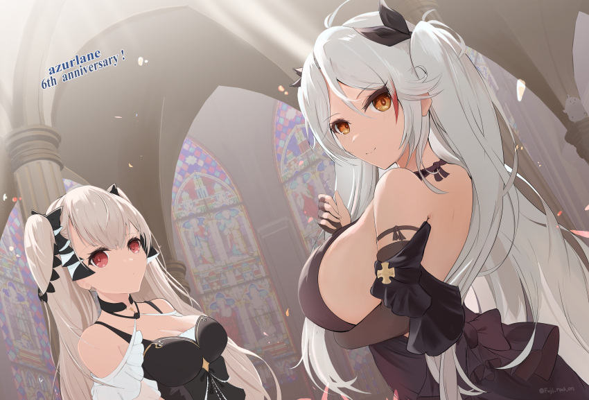 1girl absurdres alternate_costume anniversary azur_lane backless_dress backless_outfit black_dress black_gloves black_ribbon breasts bridal_gauntlets cleavage dress dutch_angle elbow_gloves english_text evening_gown formidable_(azur_lane) from_side fuji_rock_on gloves hair_between_eyes hair_ribbon highres large_breasts long_hair looking_at_viewer multicolored_hair official_alternate_costume orange_eyes prinz_eugen_(azur_lane) prinz_eugen_(cordial_cornflower)_(azur_lane) red_eyes red_hair ribbon sideboob solo stained_glass streaked_hair twintails two-tone_hair upper_body very_long_hair white_hair