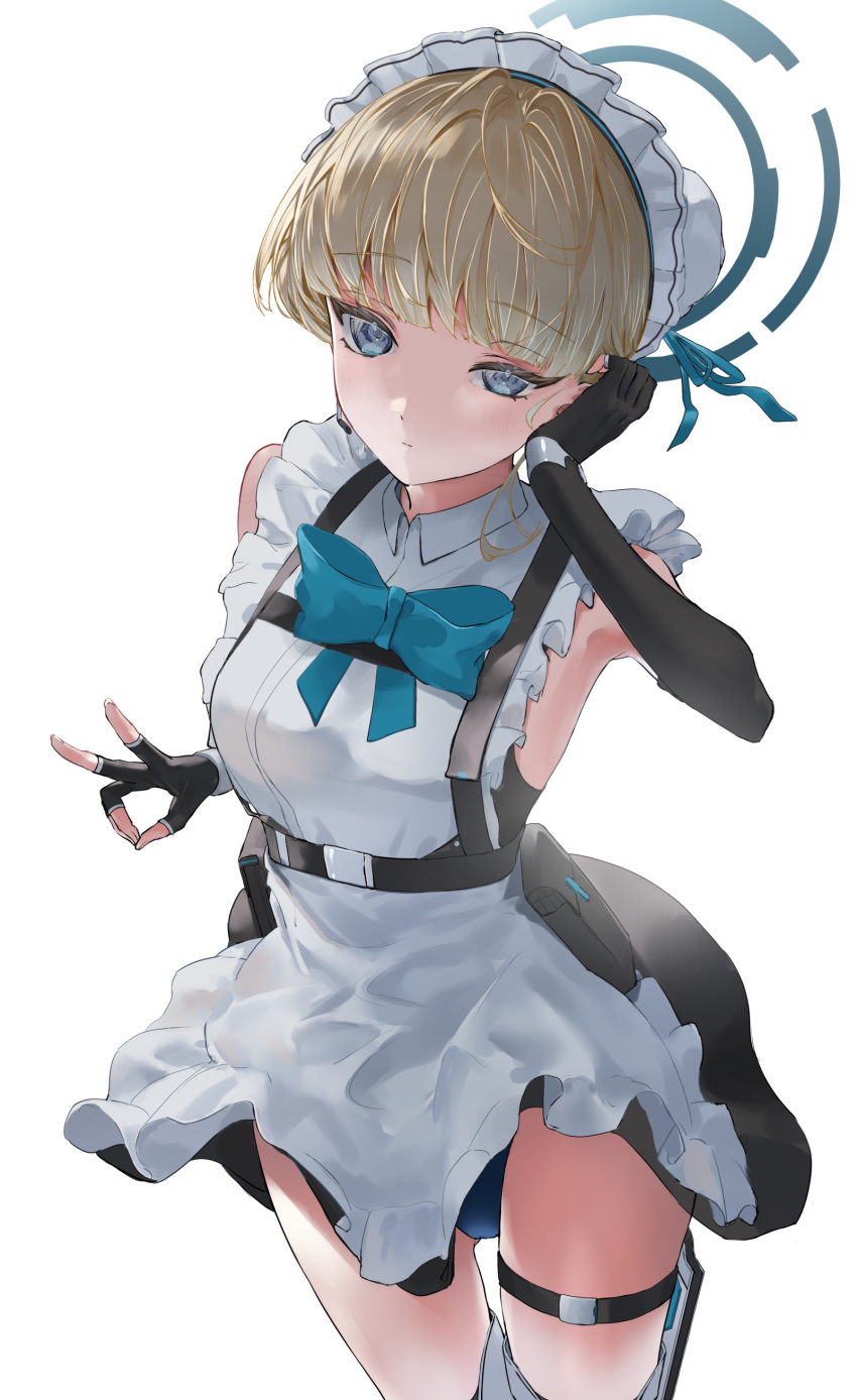 1girl absurdres apron black_dress black_gloves blonde_hair blue_archive blue_eyes blue_halo dress elbow_gloves fingerless_gloves gloves halo highres looking_at_viewer maid maid_apron maid_headdress sleeveless sleeveless_dress solo syotaisverycute thigh_strap toki_(blue_archive) white_apron white_background white_headwear