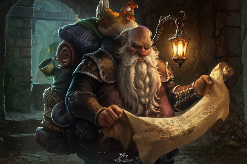 1boy artist_name backpack bag bald barrel beard bird blondynkitezgraja bowl braid braided_beard chicken commentary cross-laced_slit cup discord_username dungeons_and_dragons dwarf english_commentary facial_hair fantasy fingernails highres holding holding_map lamp long_beard map rooster signature solo standing twitter_username white_hair wrinkled_skin wrist_guards