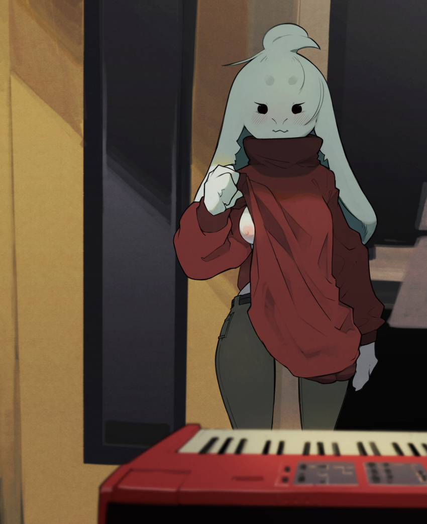 anthro blush clothing dark_eyes dodudoru female flashing flashing_breasts fur hi_res keyboard_instrument long_ears musical_instrument musical_keyboard red_clothing smile solo sweater topwear turtleneck white_body white_fur