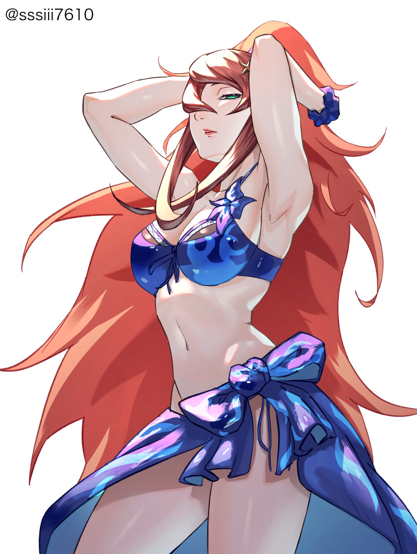 1girl absurdres armpits bikini blue_bikini blue_sarong breasts green_eyes hair_over_one_eye highres large_breasts lips long_hair naruto naruto_(series) red_hair sarong simple_background solo sssiii7610 swimsuit terumi_mei very_long_hair white_background