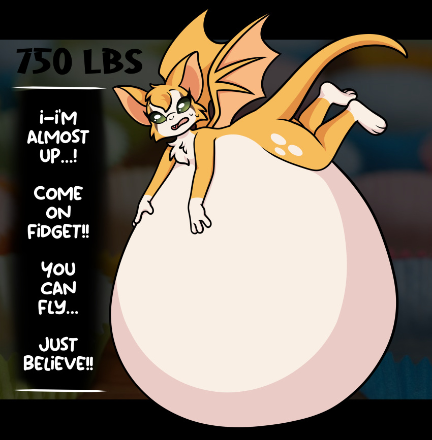 absurd_res anthro bat belly big_belly bodily_fluids dialogue dust:_an_elysian_tail english_text female fidget_(elysian_tail) fur green_eyes growth_drive hi_res hyper hyper_belly immobile mammal navel nimbat open_mouth orange_body orange_fur overweight pompuffy_(artist) solo sweat tail text weight_gain white_body white_fur wings