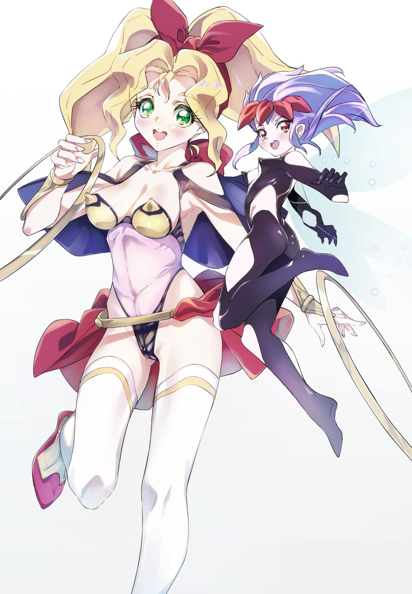 2girls :d absurdres armpits black_bodysuit black_gloves blonde_hair blush bodysuit bow breasts chakram dot_nose fairy fairy_wings gloves green_eyes hair_bow highres kuusou_kagaku_sekai_gulliver_boy leotard looking_at_viewer medium_breasts medium_hair misty_(gulliver_boy) multiple_girls niko_(tama) open_mouth parted_bangs phoebe_(gulliver_boy) pink_leotard purple_hair red_bow red_eyes skin_tight smile split_ponytail standing standing_on_one_leg thighhighs thighs weapon white_background white_thighhighs wings