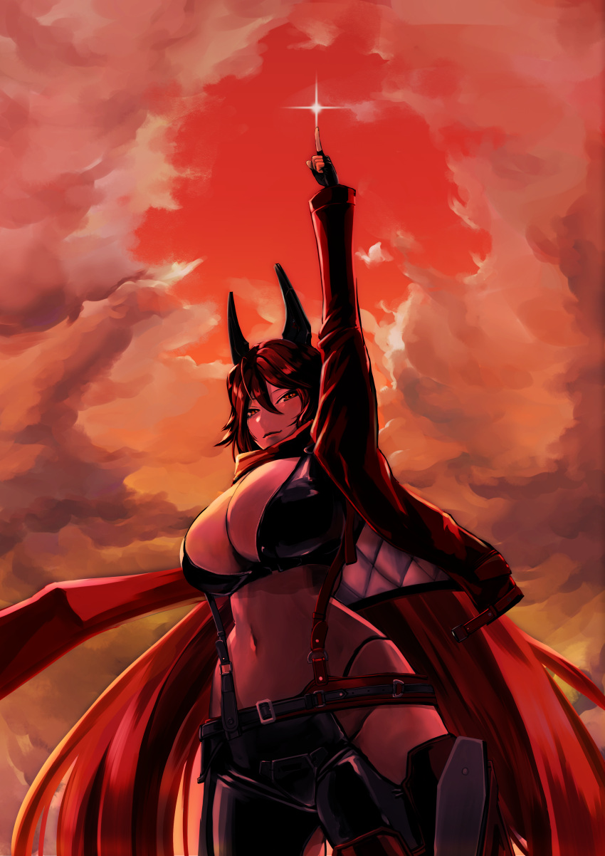 1girl absurdres ankoh black_gloves breasts cloud cloudy_sky fingerless_gloves gloves goddess_of_victory:_nikke hair_between_eyes highres hip_vent horns jacket large_breasts long_hair mechanical_horns navel open_clothes open_jacket orange_sky pointing pointing_up red_hair red_hood_(nikke) red_jacket red_scarf revealing_clothes scarf sky solo stomach suspenders yellow_eyes