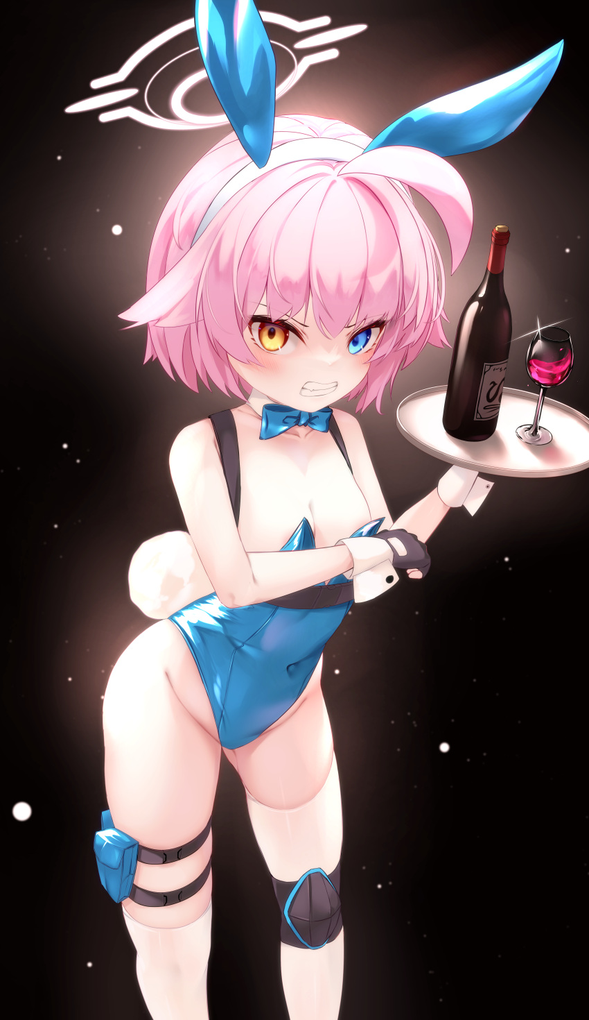 1girl absurdres ahoge alcohol angry animal_ears asymmetrical_legwear black_background black_gloves blue_archive blue_bow blue_bowtie blue_eyes blue_leotard blush bottle bow bowtie breasts cleavage clenched_teeth collarbone commentary covered_navel cup detached_collar drinking_glass fake_animal_ears fake_tail feet_out_of_frame fingerless_gloves gloves groin halo heterochromia highleg highleg_leotard highres holding holding_tray hoshino_(blue_archive) hoshino_(young)_(blue_archive) knee_pads leotard looking_at_viewer medium_breasts mismatched_legwear nekodama2000 pink_hair pink_halo playboy_bunny rabbit_ears rabbit_tail short_hair shoulder_strap solo tail teeth thigh_strap thighhighs tray white_thighhighs wine wine_bottle wine_glass wrist_cuffs yellow_eyes