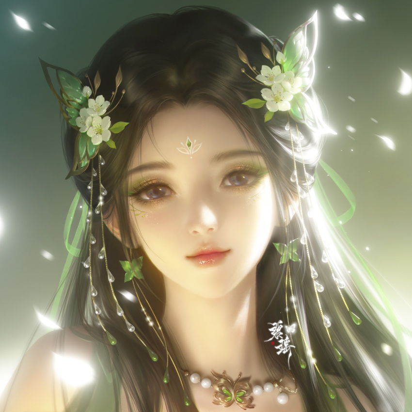 1girl baiguio_(zhu_xian) bead_necklace beads blue_eyes brown_hair butterfly_hair_ornament closed_mouth earrings facial_mark falling_petals flower forehead_mark glowing_petals hair_flower hair_ornament hair_ribbon head_tilt highres jewelry long_hair looking_at_viewer necklace petals portrait ribbon second-party_source smile solo yuanzi_lin zhu_xian