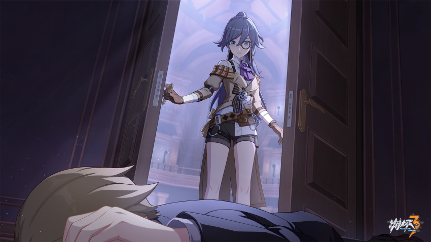 1girl ascot bare_legs black_shorts blue_eyes brown_gloves character_request chinese_commentary door feet_out_of_frame fu_hua fu_hua_(hawk_of_the_fog) fu_hua_(valkyrie_accipiter) gloves grey_hair hair_between_eyes high_ponytail highres honkai_(series) honkai_impact_3rd indoors logo long_hair looking_at_another official_alternate_costume official_art official_wallpaper on_floor purple_ascot shorts standing