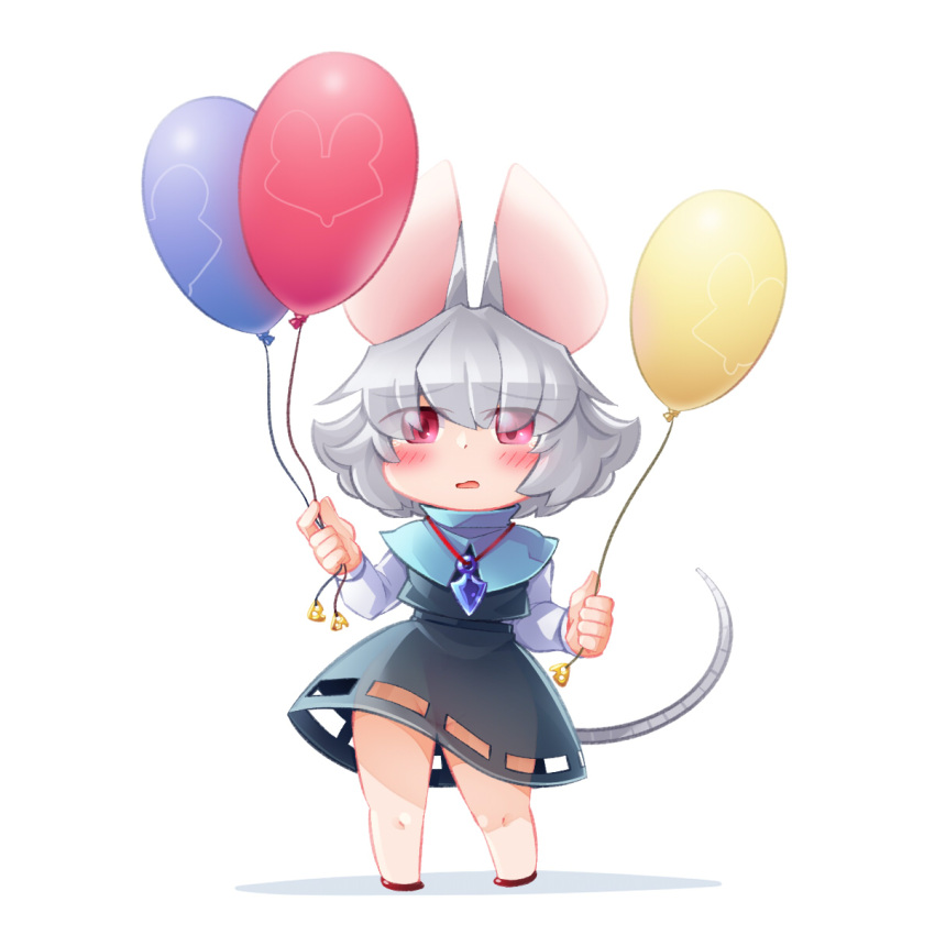 1girl animal_ears balloon bbb_(33kudo) blue_capelet blush capelet commentary_request crystal eyes_visible_through_hair flat_chest full_body grey_hair grey_skirt grey_vest hair_between_eyes highres holding holding_balloon jewelry long_sleeves looking_at_viewer medium_bangs mouse_ears mouse_girl mouse_tail nazrin no_panties open_mouth pendant red_eyes shirt short_hair simple_background skirt solo standing tail touhou vest white_background white_shirt