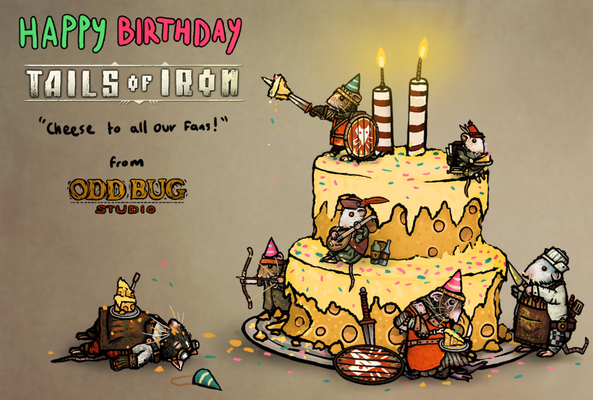 2023 anthro arrow_(weapon) bam-bam birthday_cake birthday_hat bow_(weapon) cake candle cheese chef_hat clothed clothing dairy_products denis_(tails_of_iron) dessert dug_(tails_of_iron) english_text food group hat headgear headwear hi_res lute lying mammal martin_reimann melee_weapon murid murine musical_instrument official_art plucked_string_instrument ranged_weapon rat redgi_(tails_of_iron) rem-rem rexy_(tails_of_iron) robin_(tails_of_iron) rodent shield sitting string_instrument sword tails_of_iron text weapon