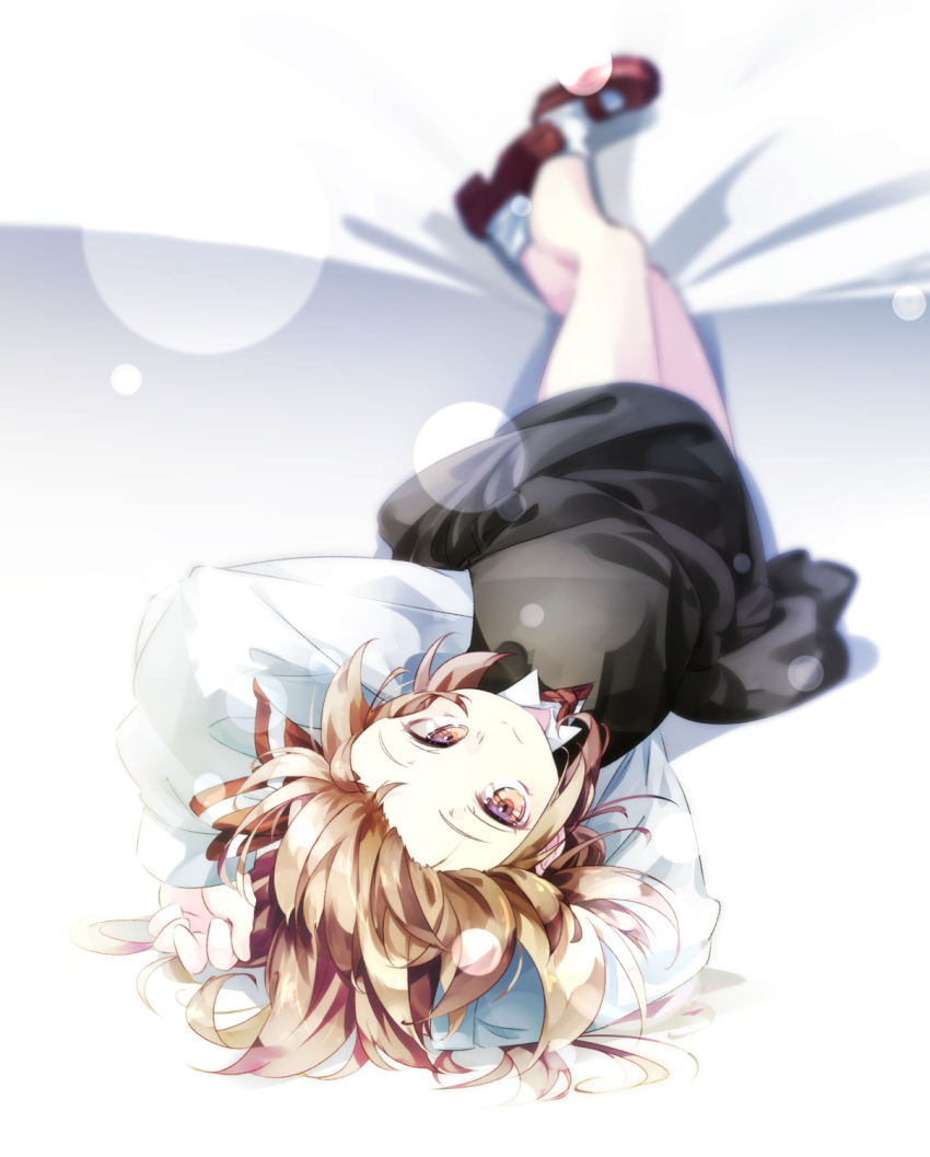 1girl arms_up bare_legs black_skirt black_vest blonde_hair blurry closed_mouth depth_of_field forehead gorilla_(bun0615) hair_ribbon highres long_sleeves lying mary_janes red_eyes red_footwear ribbon rumia shoes short_hair skirt skirt_set socks solo touhou vest