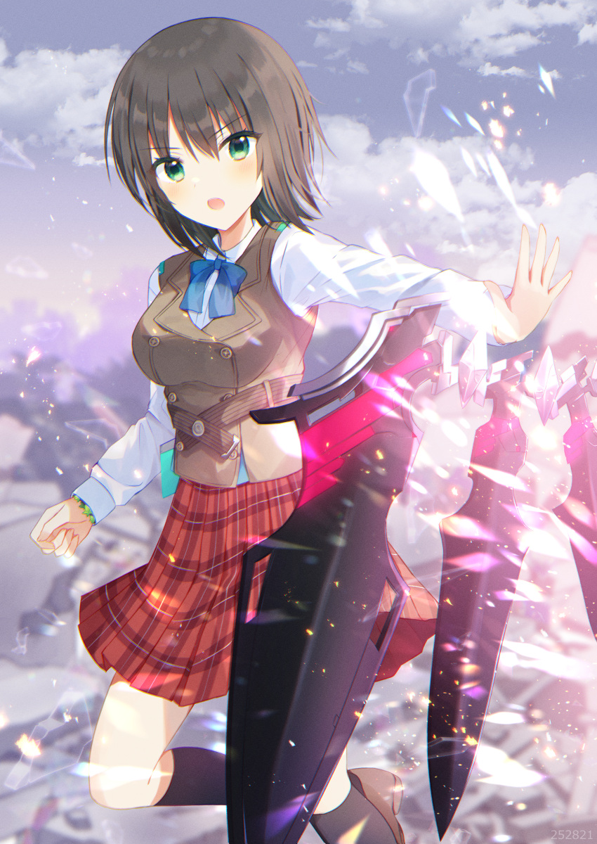1girl absurdres aiyan aoi_erika battle black_hair black_socks blue_bow blue_bowtie blush bow bowtie breasts brown_footwear brown_vest cloud collared_shirt commentary_request eyelashes eyes_visible_through_hair fighting_stance floating_hair green_eyes grey_sky hair_between_eyes heaven_burns_red highres large_breasts light_particles loafers long_sleeves looking_at_viewer open_hand open_mouth outdoors outstretched_arm plaid plaid_skirt pleated_skirt red_skirt school_uniform shirt shoes short_hair skirt sky socks solo sparks standing standing_on_one_leg straight_hair v-shaped_eyebrows vest weapon white_shirt