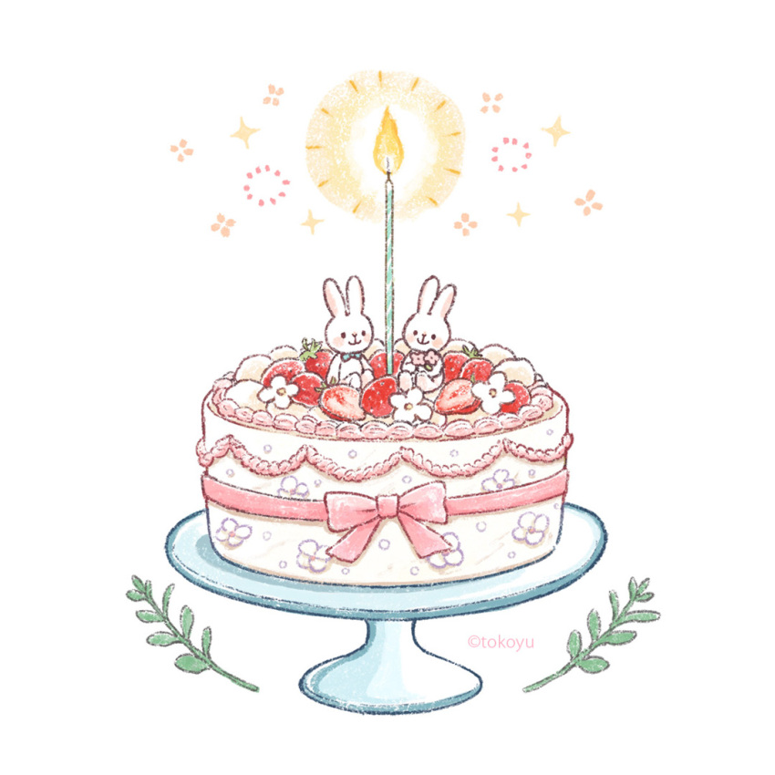 artist_name blue_bow bow cake candle closed_mouth commentary_request cream fire flower food food_focus fruit holding holding_flower no_humans original pink_flower pink_ribbon rabbit ribbon simple_background sitting smile sparkle strawberry strawberry_cake strawberry_slice tokoyu twitter_username white_background white_flower white_rabbit_(animal)