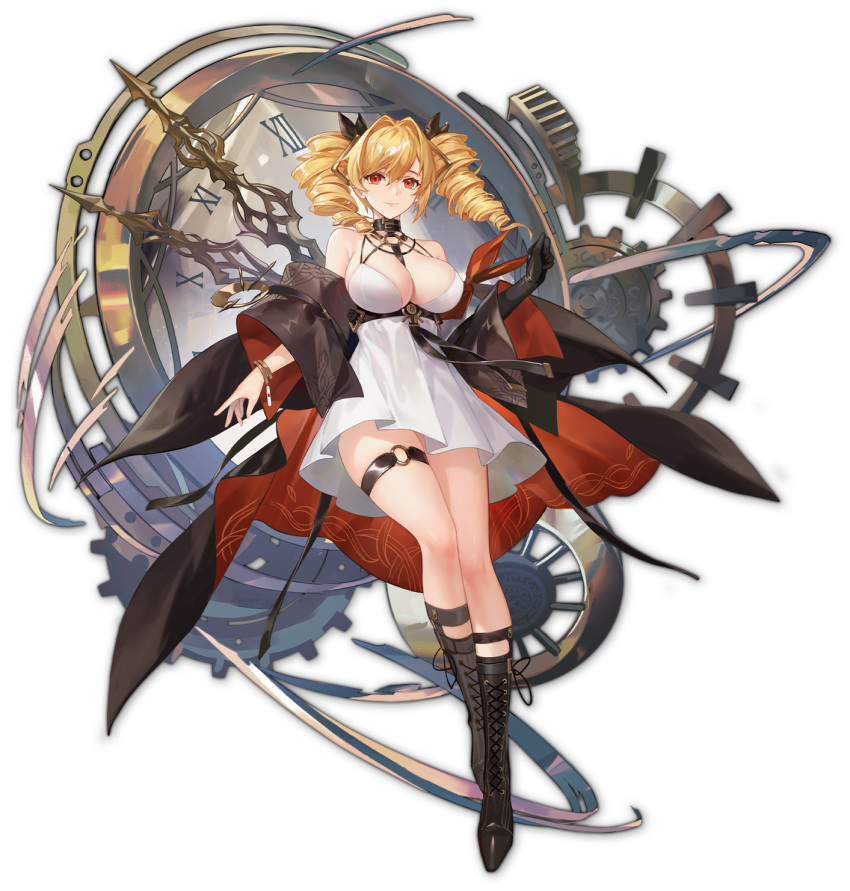 1girl artist_request black_cloak blonde_hair boots bracelet breasts cloak clock dress drill_hair full_body gears highres jewelry large_breasts looking_at_viewer mahjong mahjong_soul mirai_(mahjong_soul) official_art red_eyes solo tenbou transparent_background twin_drills white_dress
