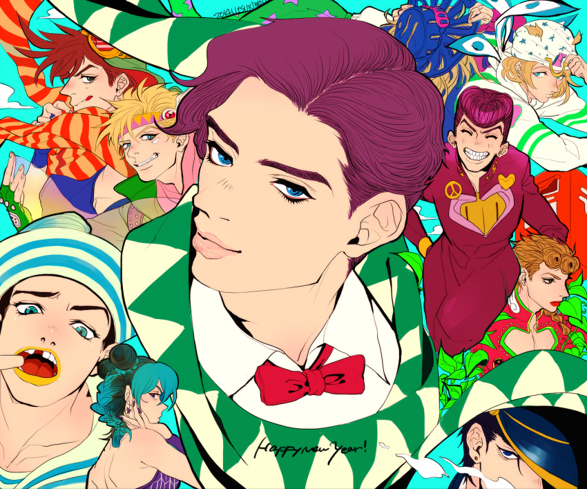 1girl 6+boys adjusting_clothes aviator_cap battle_tendency black_hair blonde_hair blue_eyes blue_hair bow bowtie brown_hair bubble caesar_anthonio_zeppeli diamond_wa_kudakenai eyelashes eyewear_on_head giorno_giovanna grin gyro_zeppeli hair_slicked_back higashikata_josuke higashikata_josuke_(jojolion) highres hydrokinesis johnny_joestar jojo_no_kimyou_na_bouken jojolion jonathan_joestar joseph_joestar joseph_joestar_(young) kujo_jolyne kujo_jotaro lips mailbox_(incoming_mail) multiple_boys official_alternate_costume phantom_blood plant pompadour purple_hair scarf smile star_(symbol) star_print stardust_crusaders steel_ball_run stone_ocean striped striped_scarf tooth_gap triangle_print tsukiaki vento_aureo vines water