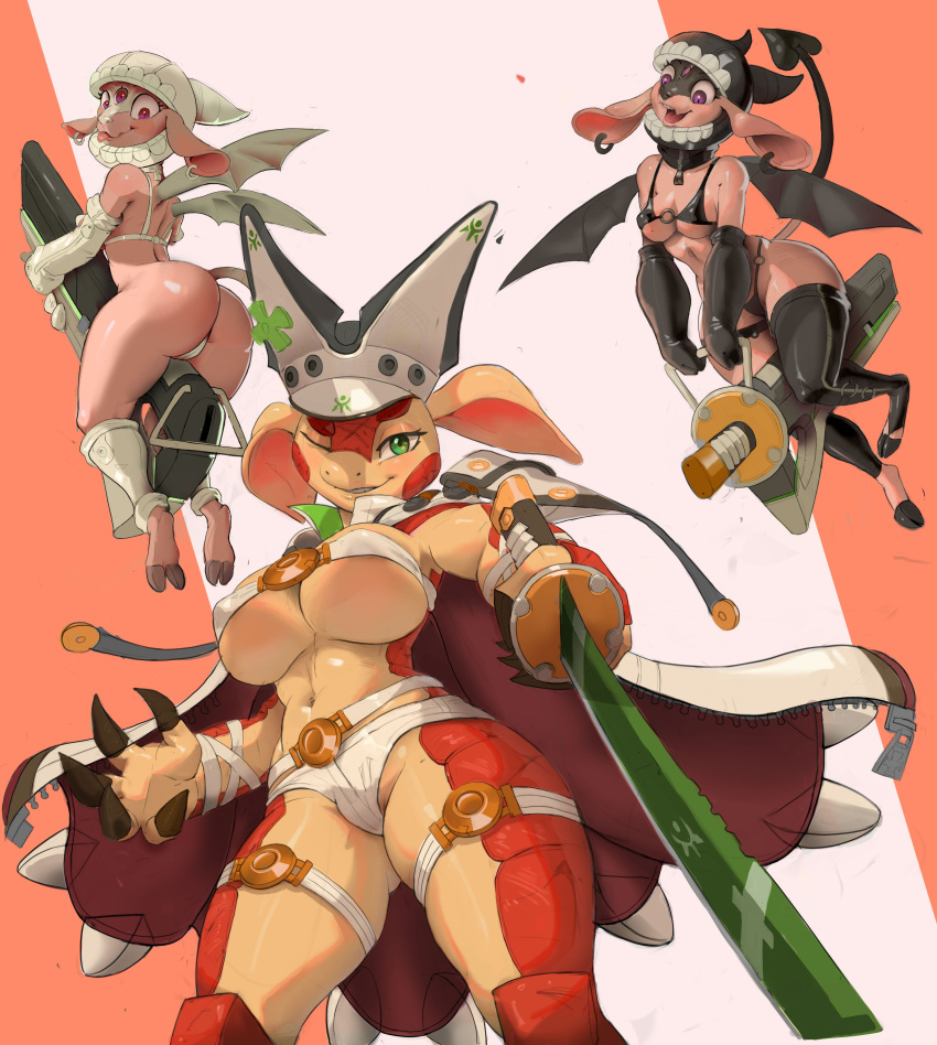 absurd_res anthro arma's_quest arma_(arma's_quest) armadillo female group guilty_gear hi_res mammal melee_weapon packard ramlethal_valentine succubus sword trio weapon xenarthran